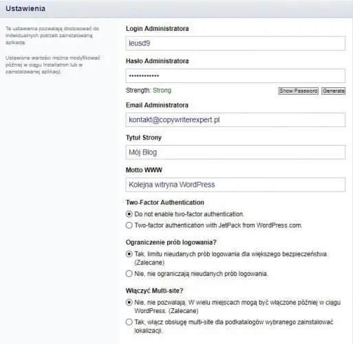 Instalacja wordpress - Ustawienia aplikacji WordPress na naszej stronie www w Direct Admin