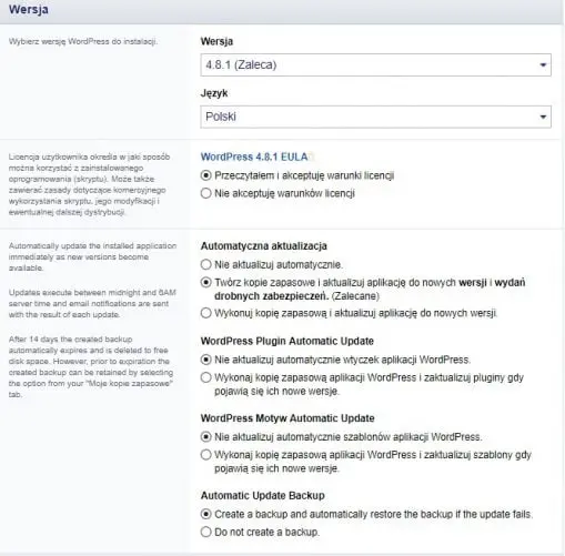 Wersję WordPressa w Direct Admin pozostawiamy bądź ustawiamy wedle swoich upodobań