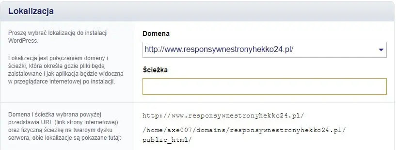 ścieżka lokalizacji wordpressa na stronie www w Direct Admin