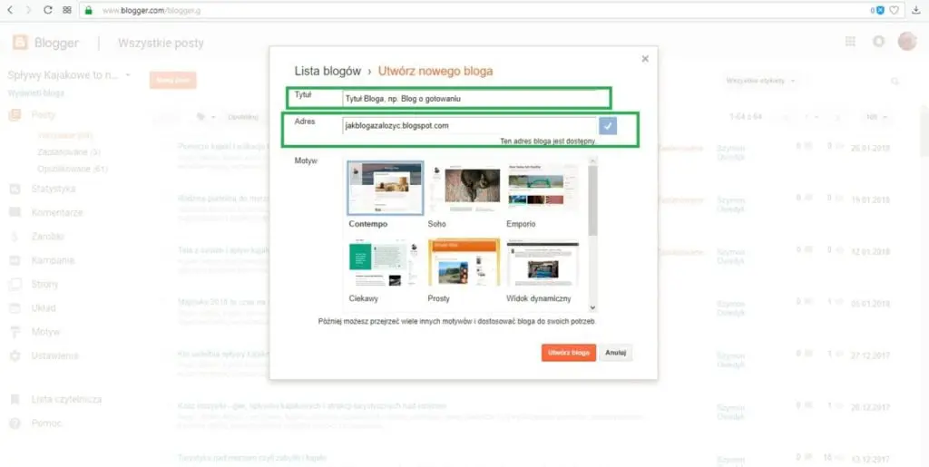 jak założyć bloga na blogspot - ustalamy tytuł i wolny adres bloga