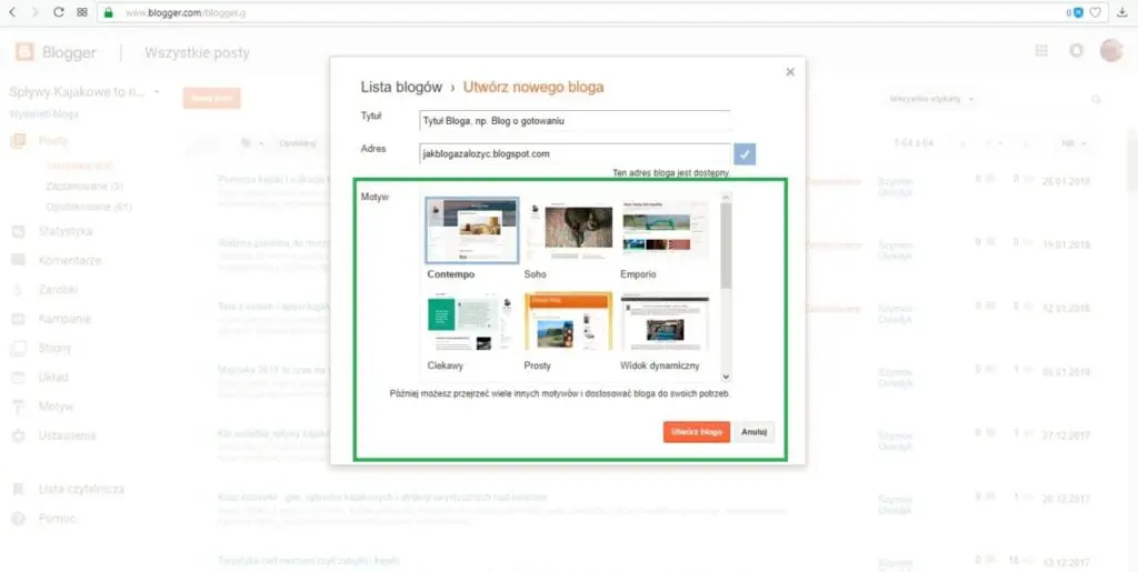 jak założyć bloga na blogspot - wybieramy motyw bloga