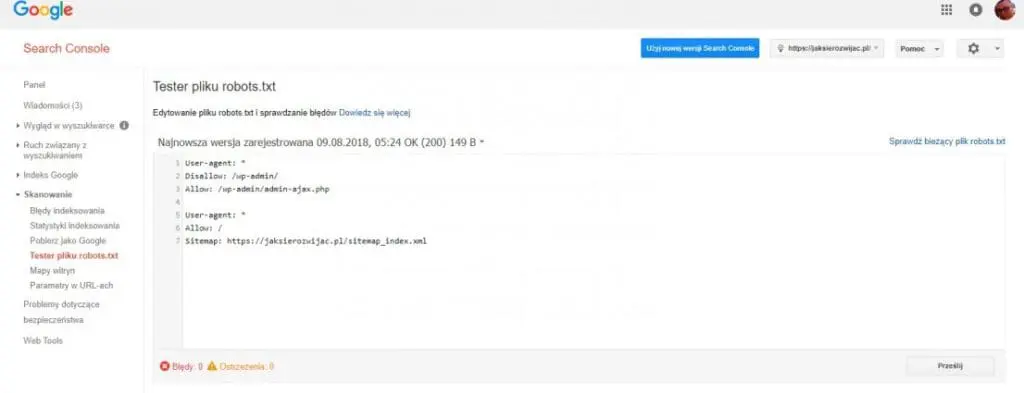 Google search console - dodanie pliku robotstxt