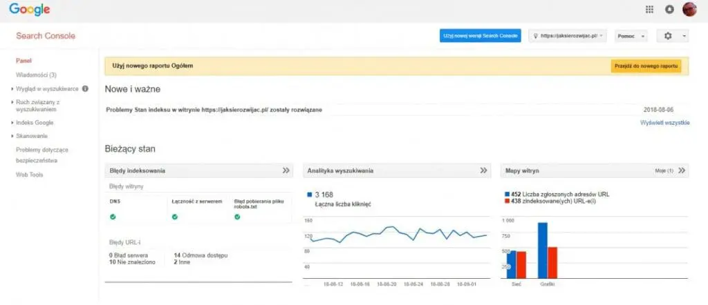 Google search console - panel główny strony
