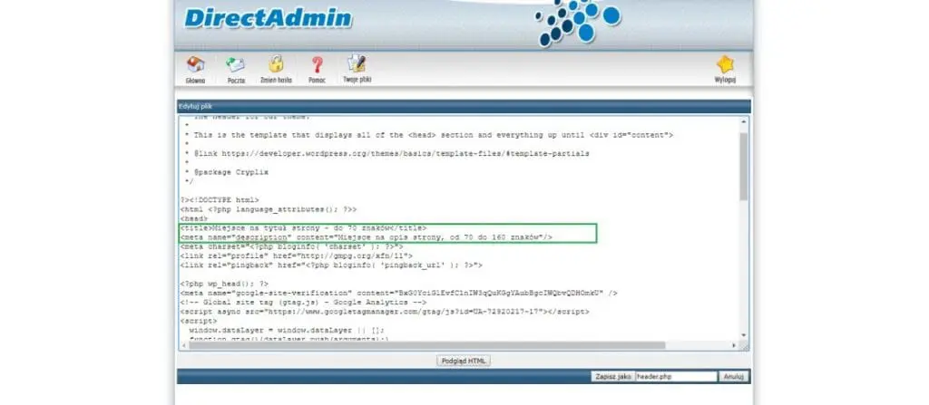 Tytuł i opis strony html php i innej