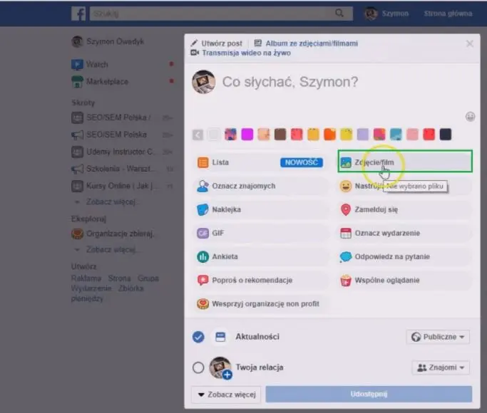 dodaj film na fb - na swoim koncie facebook