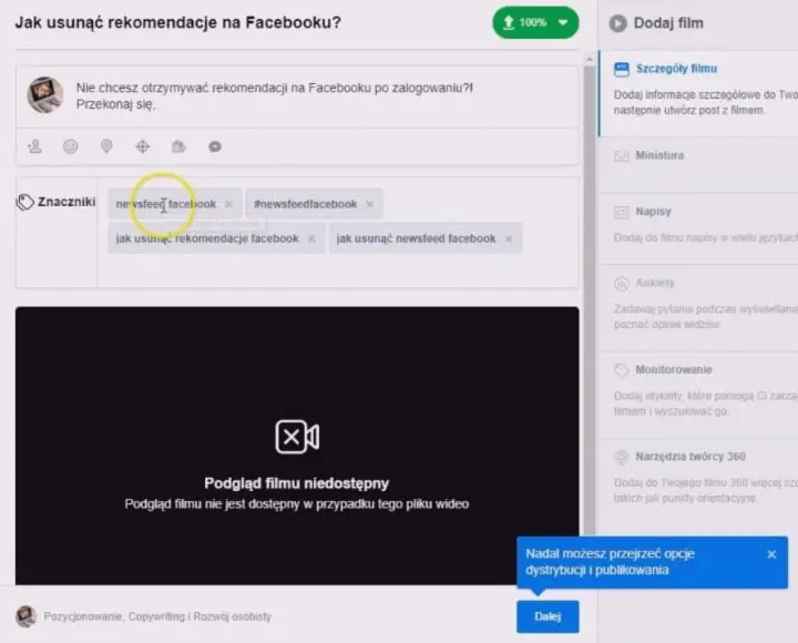 jak ustawić film na fb facebooku - tytuł, opis i znaczniki