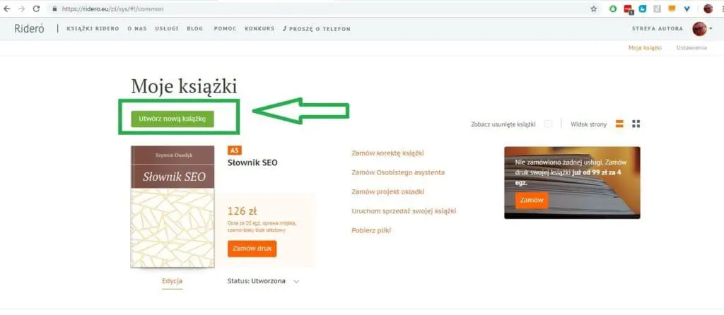 utwórz nową książkę w serwisie ridero