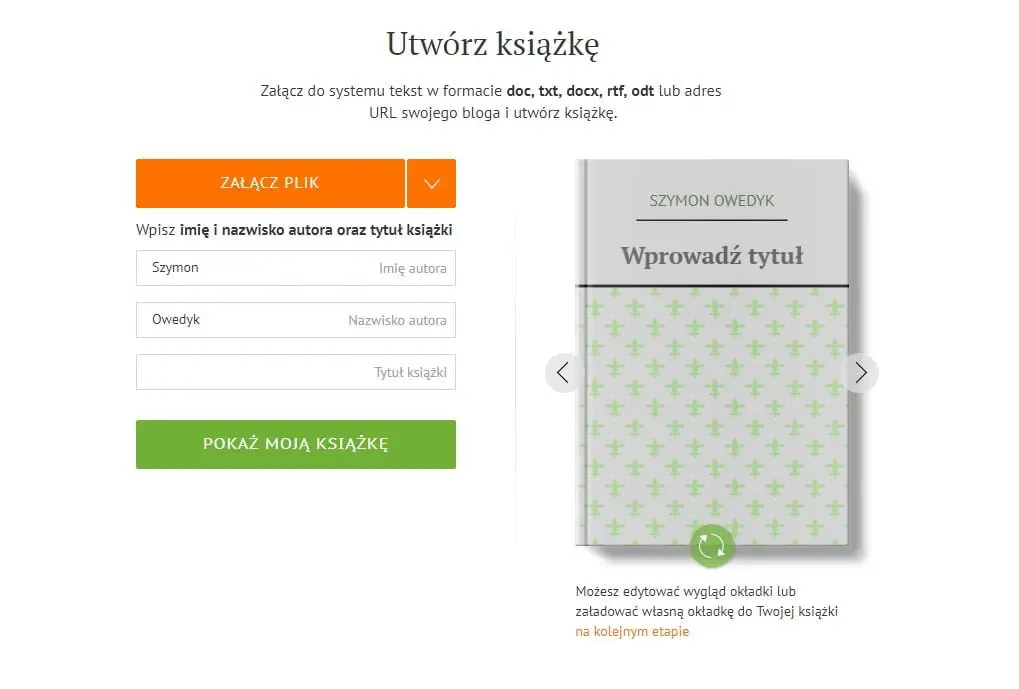 utwórz nową książkę w serwisie ridero - dane książki ebooka