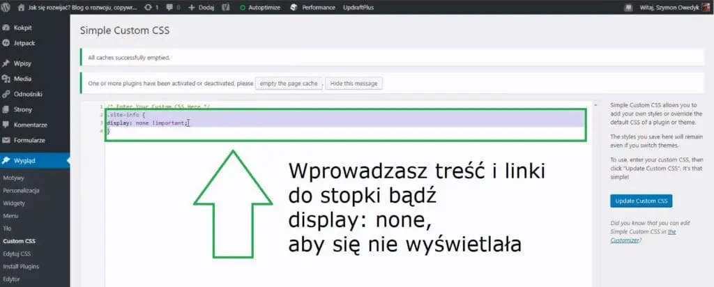 ustawienie stopka footer wordpress przez wtyczkę Simple Custom CSS