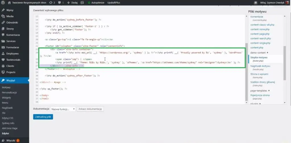 ustawienie stopka footer wordpress w edytorze motywu