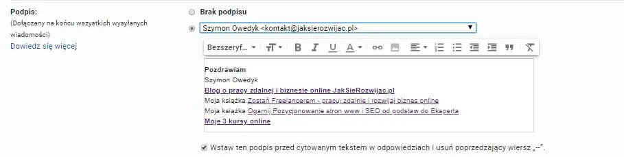 Moja stopka promująca strony www i zapis do listy mailingowej na blogu