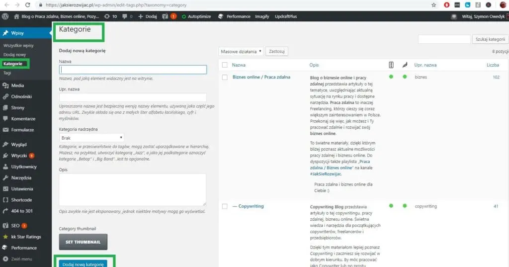 kategorie i podkategorie dla stron WordPress w celu optymalizacji treści