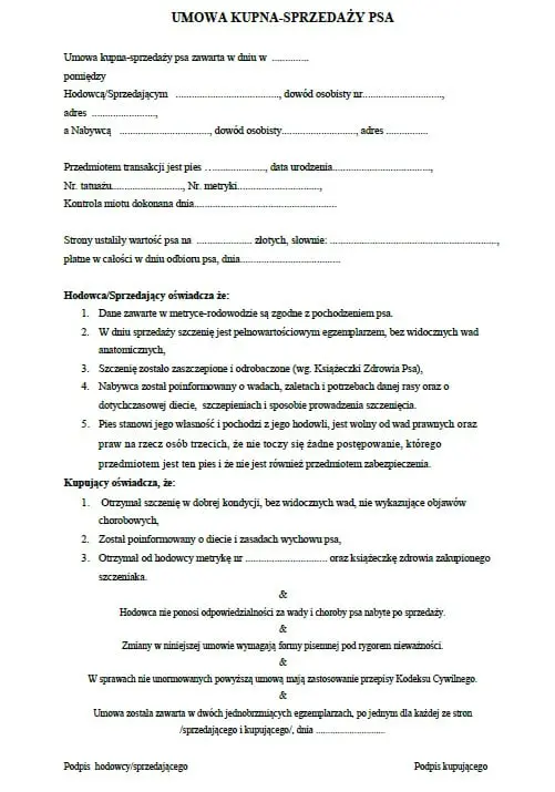 umowa kupna-sprzedaży psa konia pdf i doc