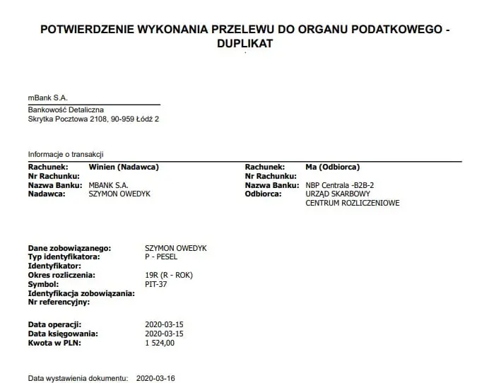 potwierdzenie wykonania przelewu do Urzędu Skarbowego za podatek z przychodów z innych źródeł za cały rok