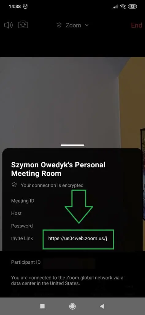 skopiowanie linku spotkania Zoom na telefonie tablecie