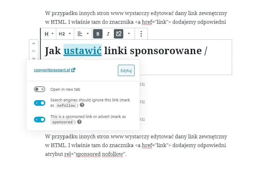 Nofollow link dla treści sponsorowanych sponsored atrybut w SEO