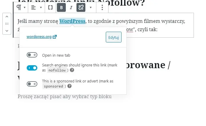 nofollow link oznaczony na stronie WordPress - optymalizacja SEO