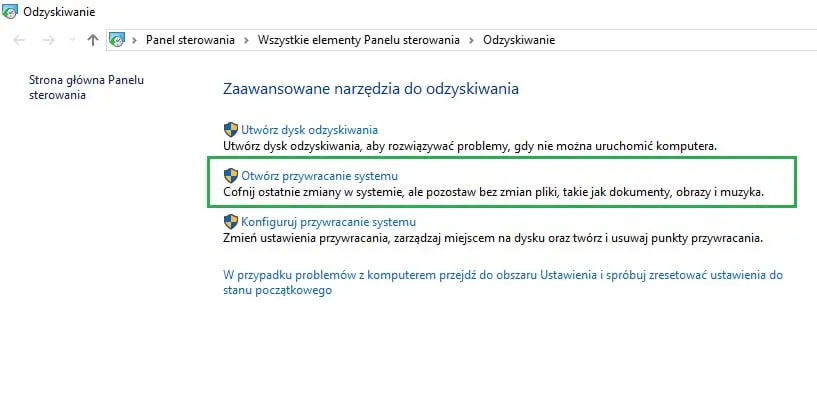 otwórz przywracania systemu Windows