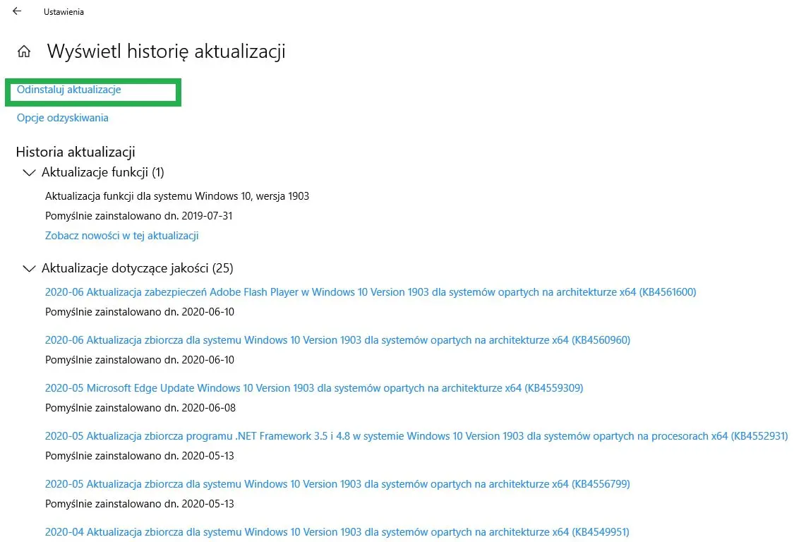 przywracanie systemu Windows 10 i 8.1 i 7 przez odinstalowanie aktualizacji