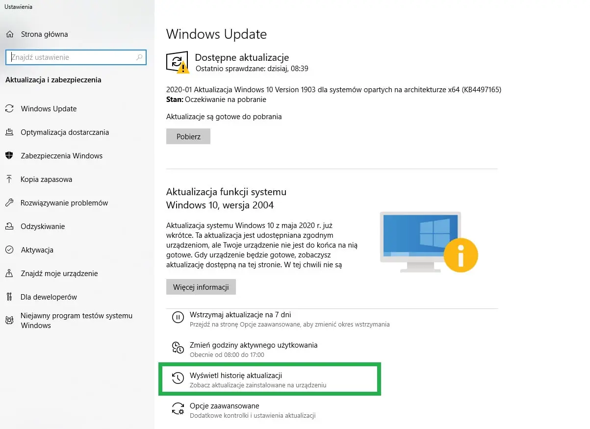 przywracanie systemu Windows dawniejszej aktualizacji w Windows Update