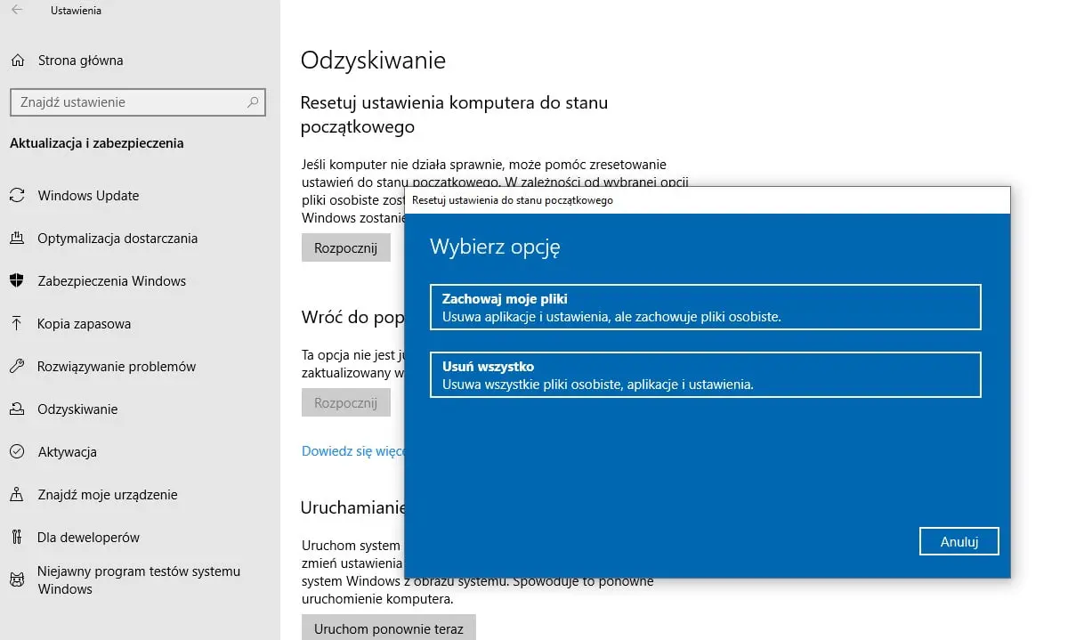 przywrócenie Windows 10 przez przywrócenie dawniejszej aktualizacji, plików i sterowników i ustawień