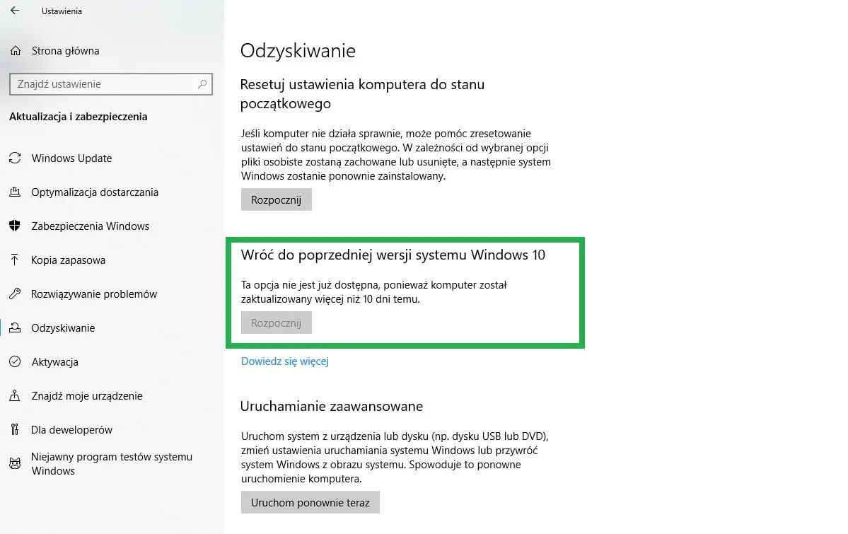 przywrócenie poprzedniej wersji systemu Windows 10, 7, 8.1 i 8