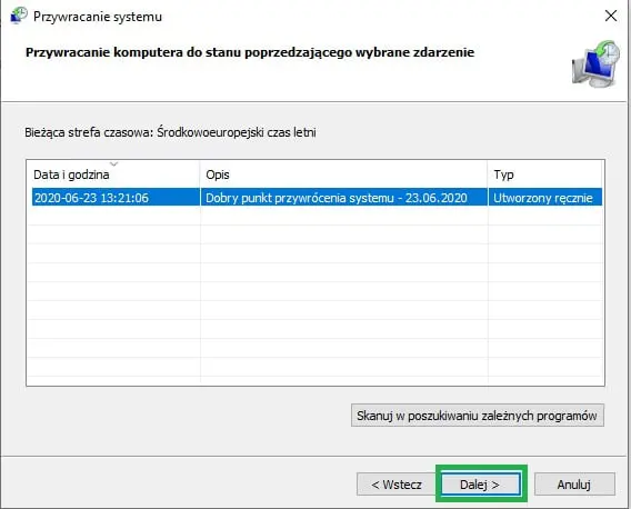 przywrócenie systemu Windows do stanu poprzedzającego wybrane zdarzenie