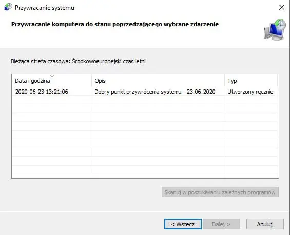 punkty przywracania systemu Windows 10, 7, 8.1