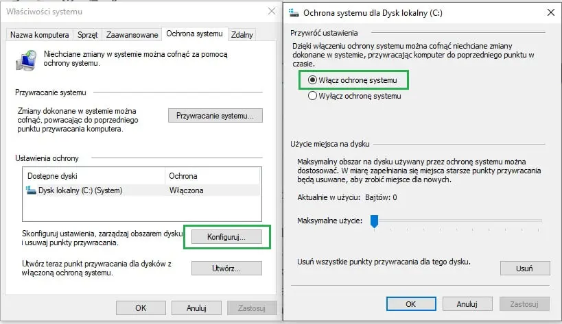 włączenie ochrony systemu i punktów przywracania systemu Windows