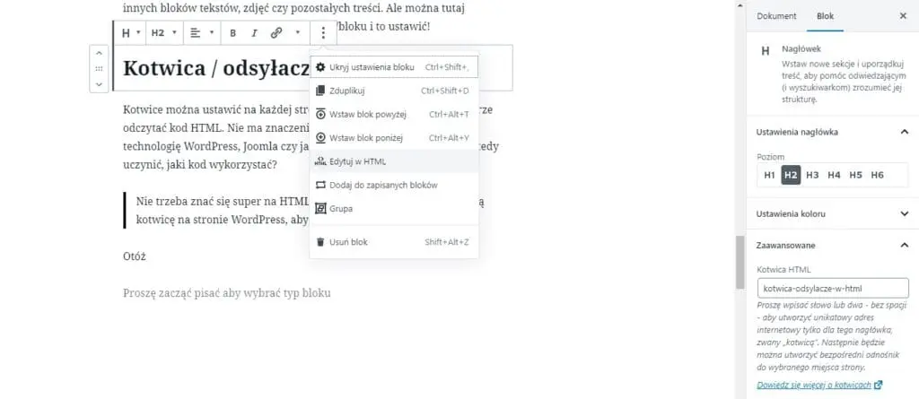 edycja kotwicy wordpress odsyłacze html