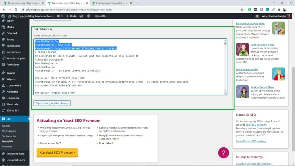 Przekierowanie http na https WordPress w Yoast SEO