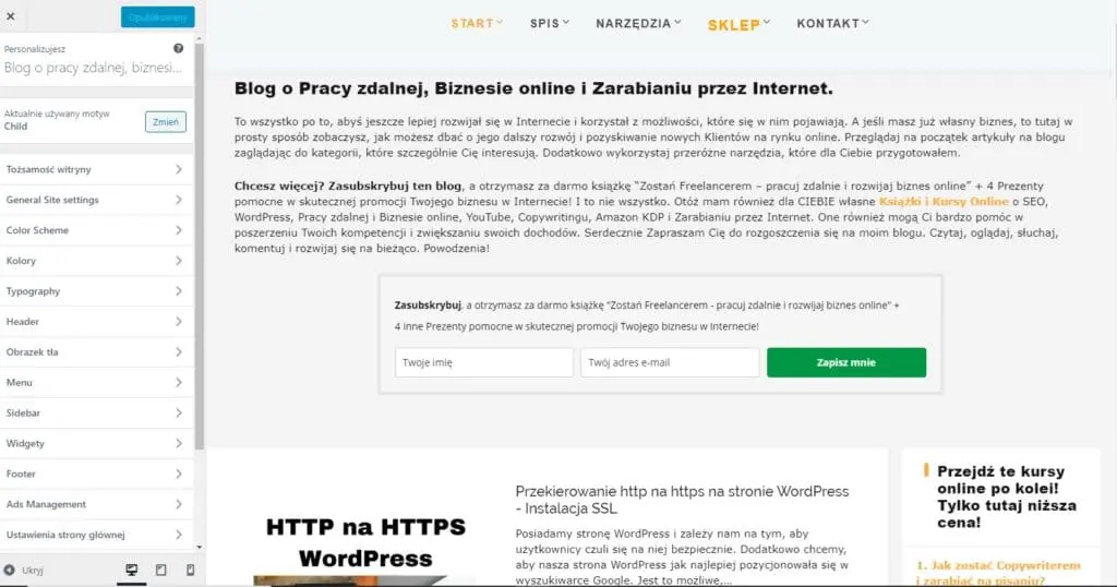 http na https WordPress przez Wygląd i Dostosuj motyw WordPress