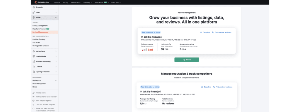 Semrush promocja wizytówki firmy w Mapach Google