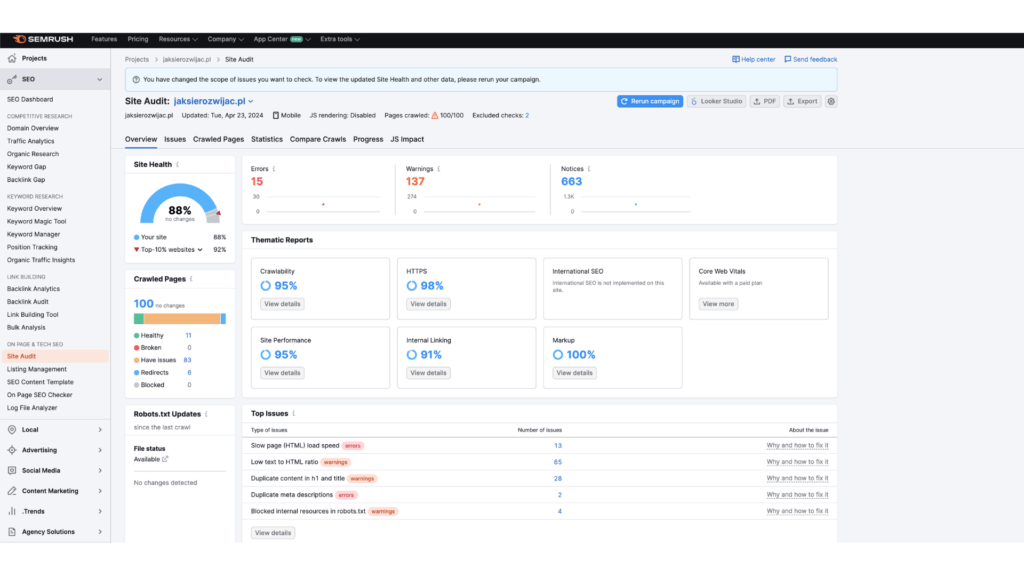 audyt sklepu internetowego Semrush darmowy
