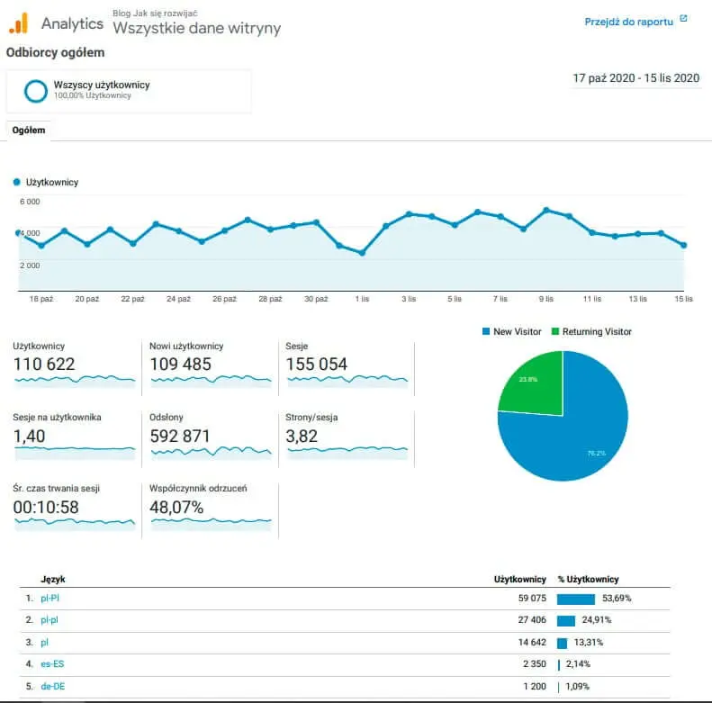 statystyki serwisu bloga o rozwoju, biznesie, marketingu, SEO i WordPress
