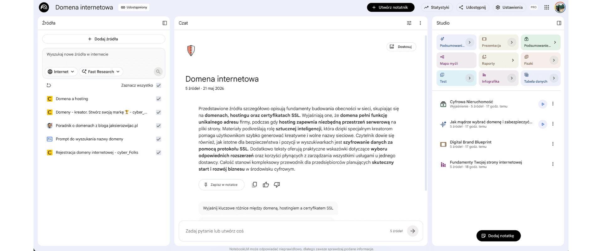 notebook LM o domenach notatnik
