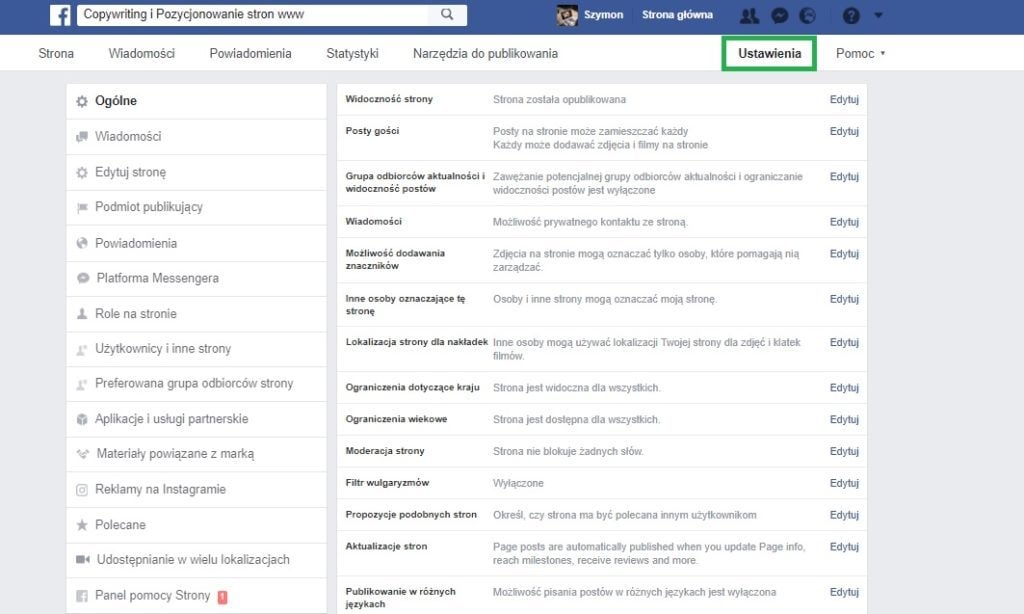 Jak usunąć recenzje na Facebooku - Ustawienia strony