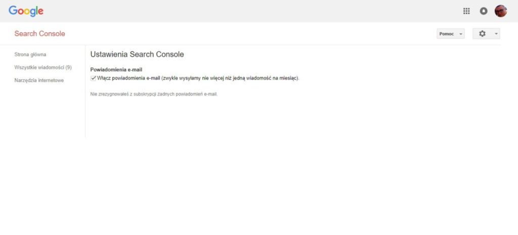 Zezwolenie bądź odmowa otrzymywania wiadomości od Google Search Console na email
