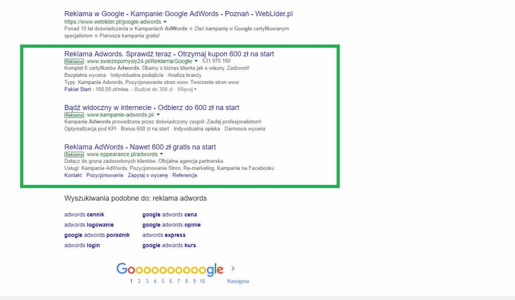 Reklama adwords na dole wyników wyszukiwania google