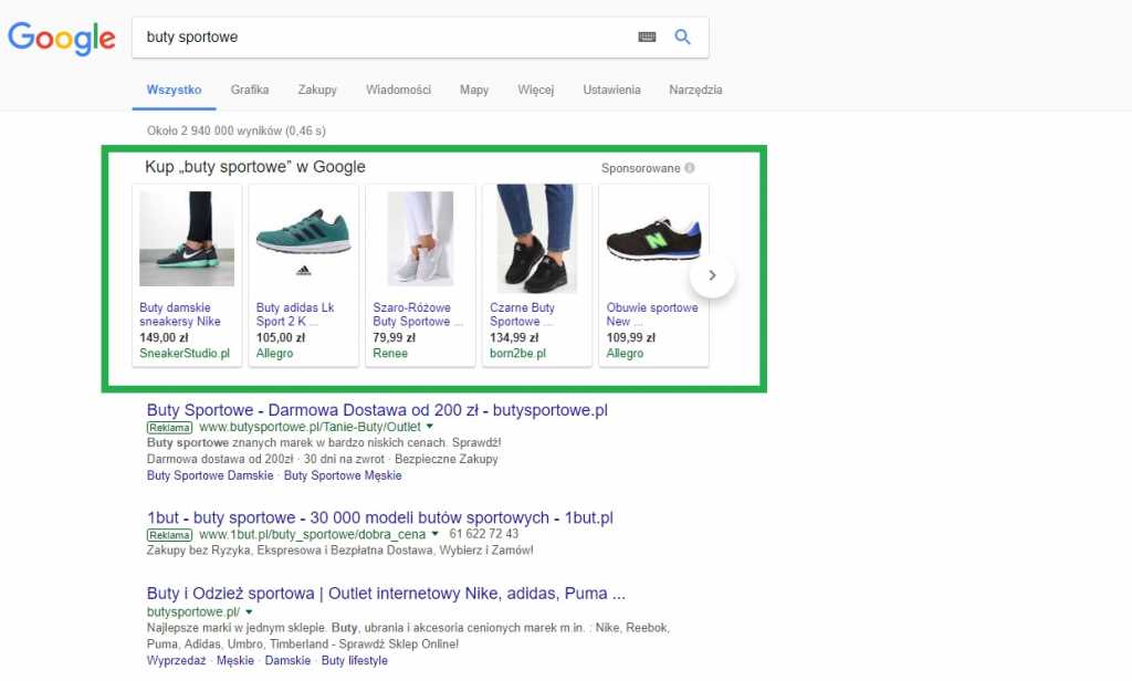 Reklama adwords na górze wyników wyszukiwania google ze zdjęciami
