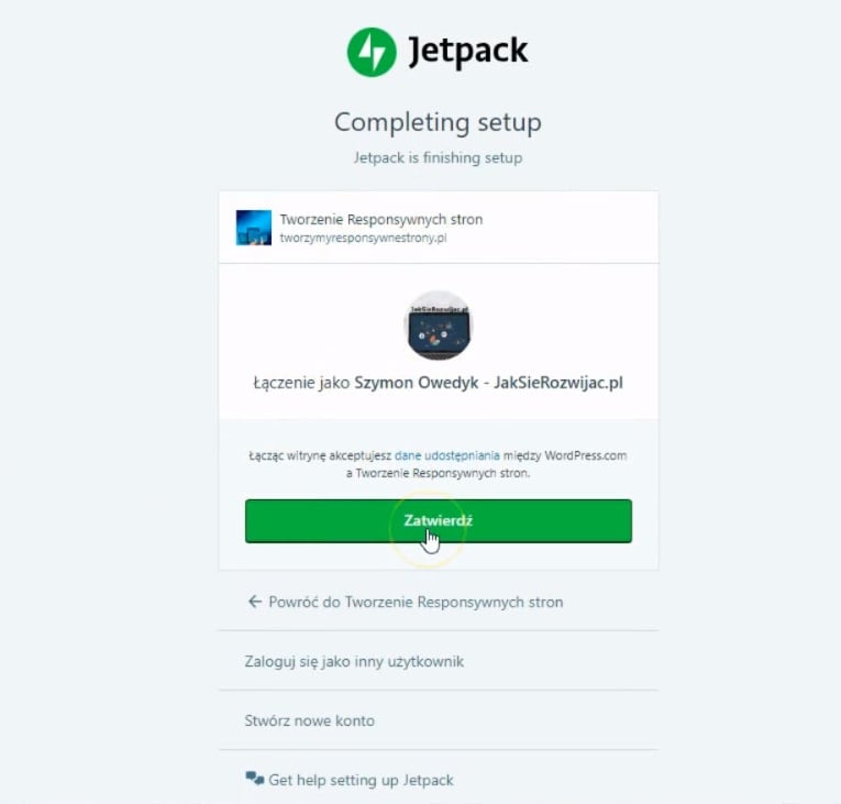 zainstaluj wtyczkę JetPack WordPress - zatwierdzenie połączenia