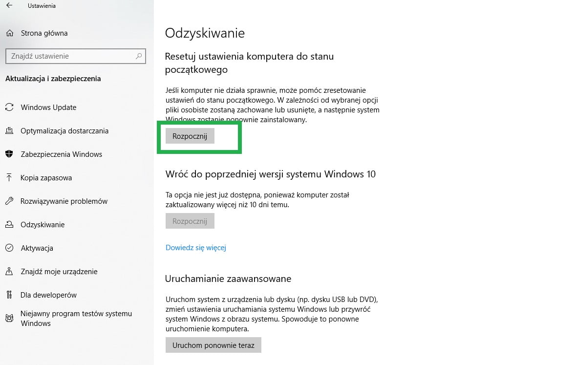 przywrócenie  Windows 10 przez cofnięcie aktualizacji, plików i sterowników