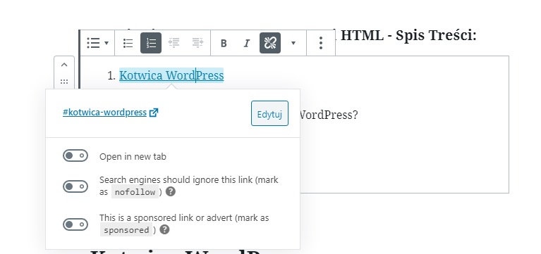odsyłacz HTML do kotwicy WordPress